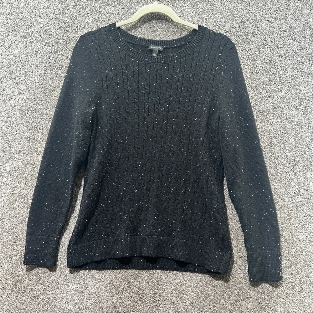 Talbots Pullover Sweater Women Large Black‎ Speckle CableKnit Stretch Cotton